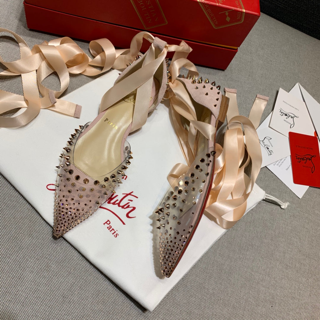 CL Mechante Reine Flats Spike PVC and Veau Velours Pink