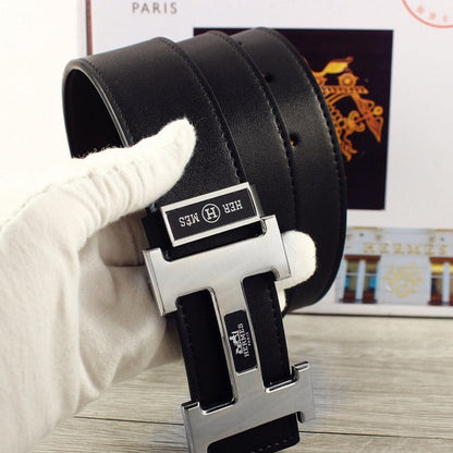 HM Double-sided Belt 38mm Black Cowhide  Sliver Buckle 620362