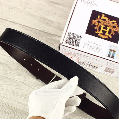HM Double-sided Belt 38mm Black Cowhide  Sliver Buckle 620362