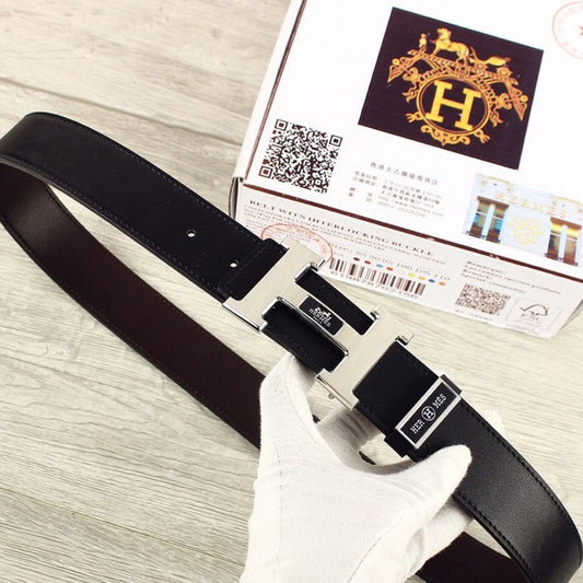 HM Double-sided Belt 38mm Black Cowhide  Sliver Buckle 620362