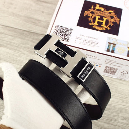 HM Double-sided Belt 38mm Black Cowhide  Sliver Buckle 620362