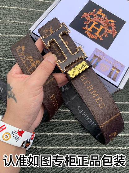 HM Belt 38mm Brown Black Cowhide Leather Black Gold Buckle 619094