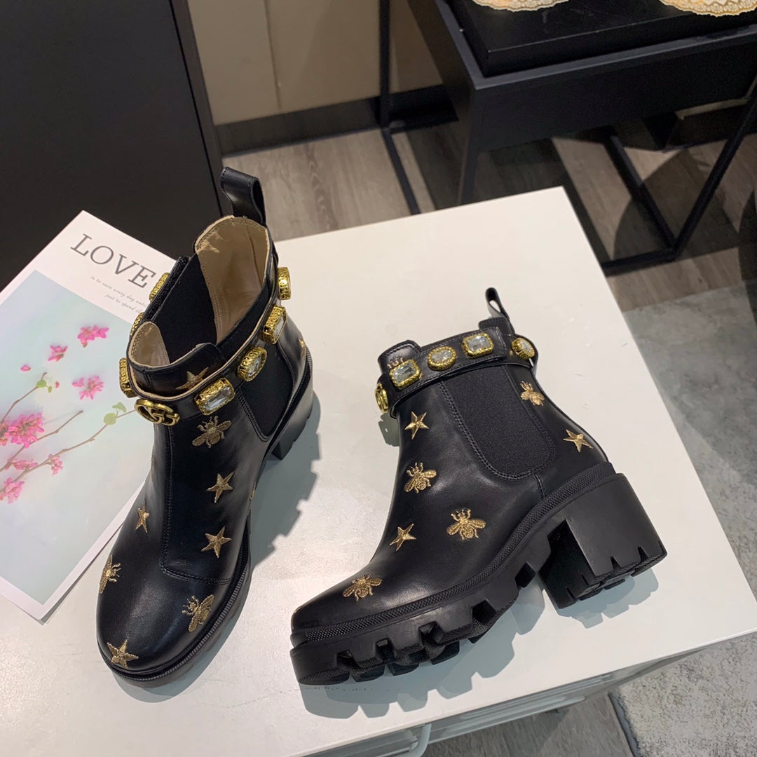 GG ankle boots star and bee black sheepskin with belt clearance