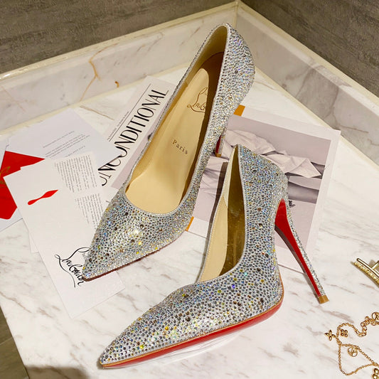 CL Kate Strass Degrade Pumps 100mm Suede Silver