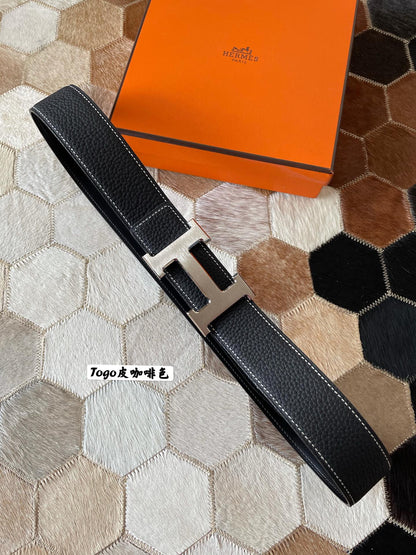 HM CONSTANCE BELT BUCKLE & REVERSIBLE BLACK LEATHER STRAP 38MM SILVER HARDWARE