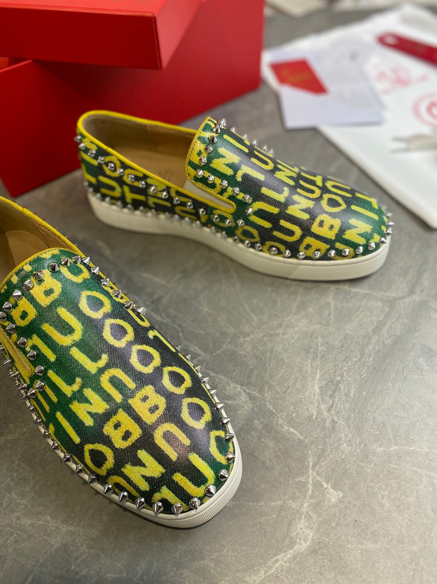 CL Loafers Monogram Yellow Green Leather and Spikes 242380