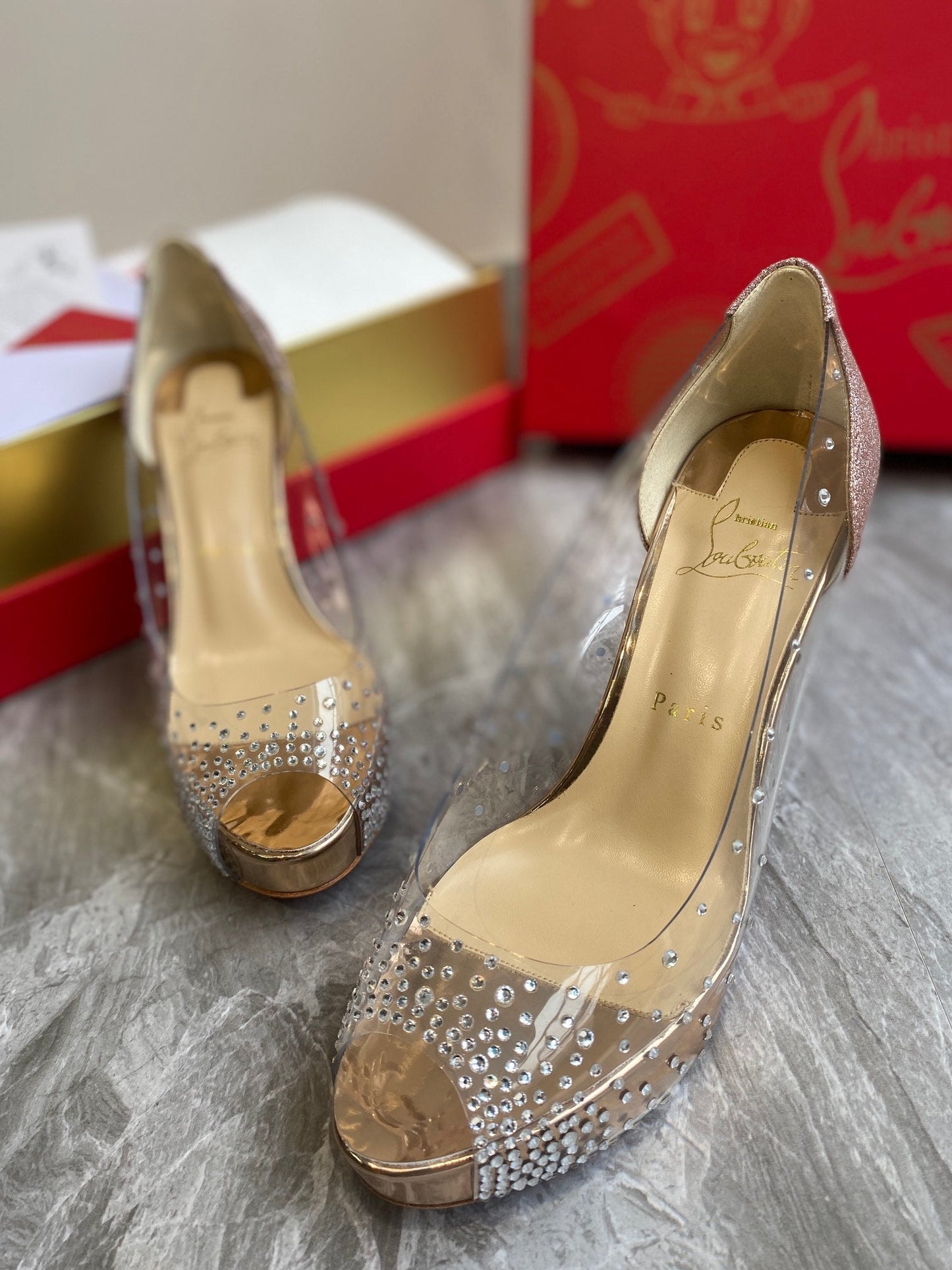 CL Very Strass Peep Toe Pumps 100mm PVC and Glitter Gold