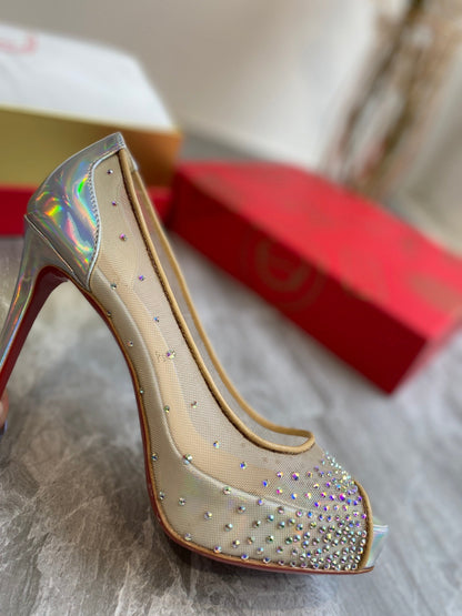 CL Very Strass Peep Toe Pumps 100mm Mesh and Leather Silver