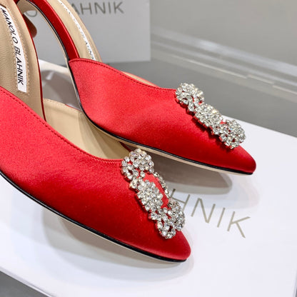 Manolo Buckle Mules 7cm Red Silk 208018