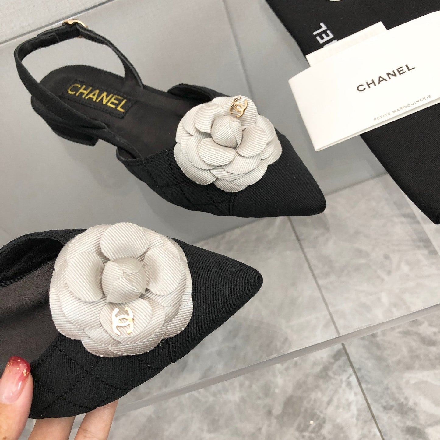 CC 25C 2CM Slingback Flats Black White Fabric 213237