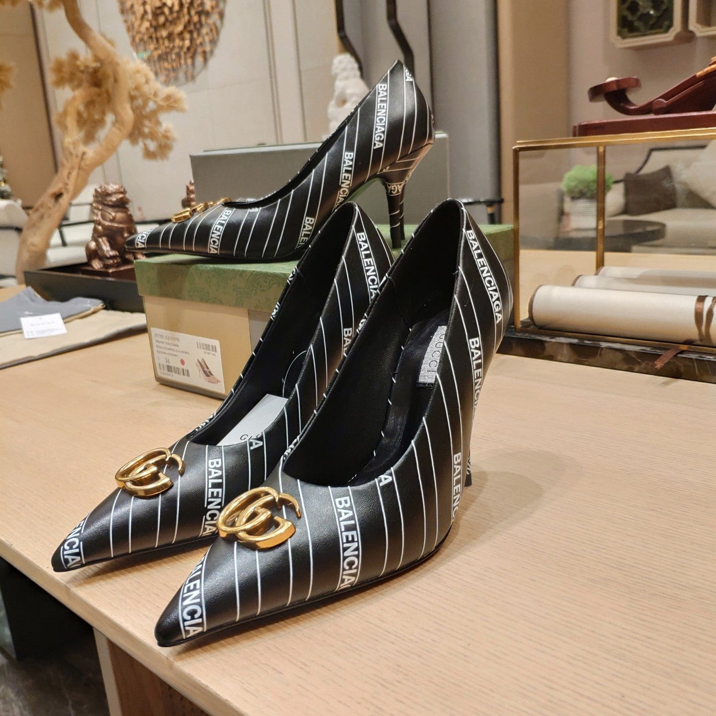 Balenciaga x GC 26s High Heel Pump Black White Sheepskin 681310