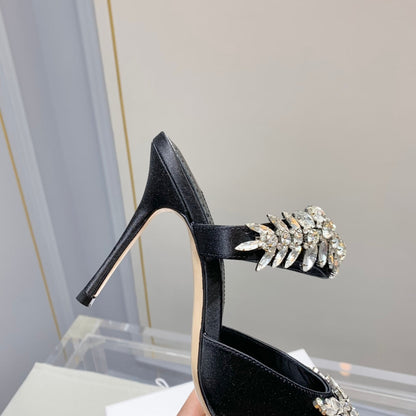 Manolo Mules Crystal Black Silk Satin 219377