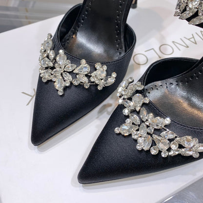 Manolo Mules Crystal Black Silk Satin 219377