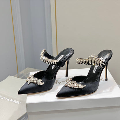 Manolo Mules Crystal Black Silk Satin 219377