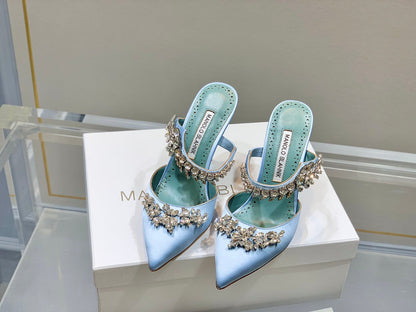 Manolo Mules Crystal Blue Silk Satin 219380