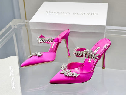 Manolo Mules Crystal Dark Pink Silk Satin 219382