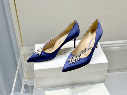 Manolo Wheat Ear Rhinestone High Heels Pumps Navy Blue Silk Fabric 327449