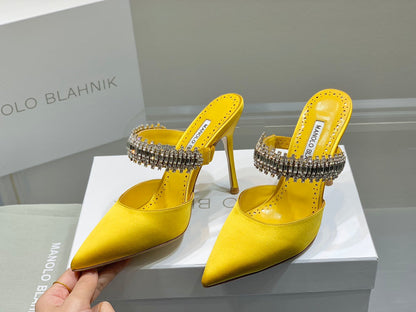 Manolo Mules Diamond Buckle Yellow Silk Satin 218811