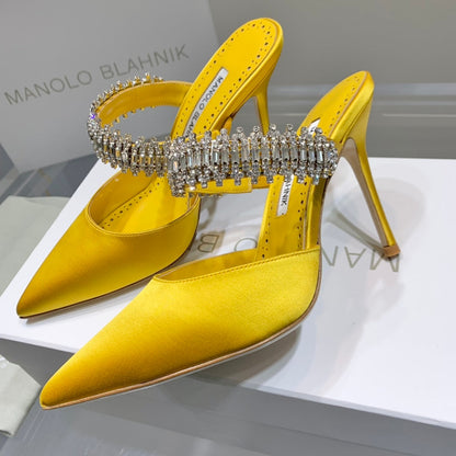 Manolo Mules Diamond Buckle Yellow Silk Satin 218811