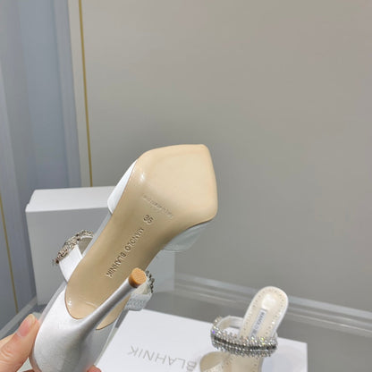 Manolo Mules Diamond Buckle White Silk Satin 218814