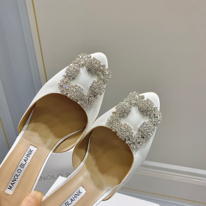 Manolo Buckle Mules 7cm White Silk 208019