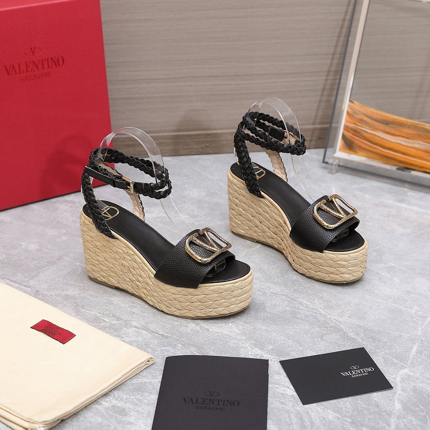 VT Wedge Platform Sandals Black Cowhide Espadrilles 363030