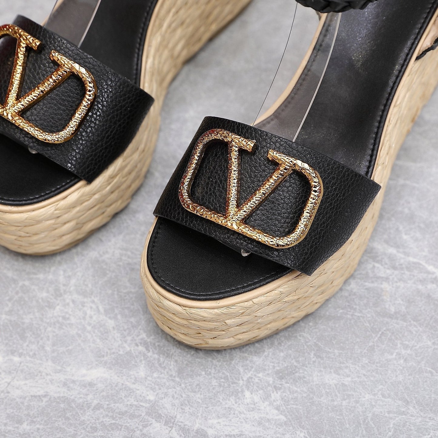 VT Wedge Platform Sandals Black Cowhide Espadrilles 363030