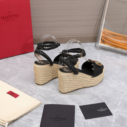 VT Wedge Platform Sandals Black Cowhide Espadrilles 363030