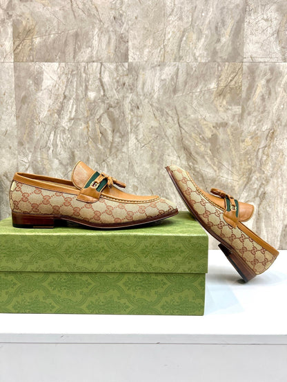 GG Men's Tassel Loafer Light Brown Cowhide Canvas 548743