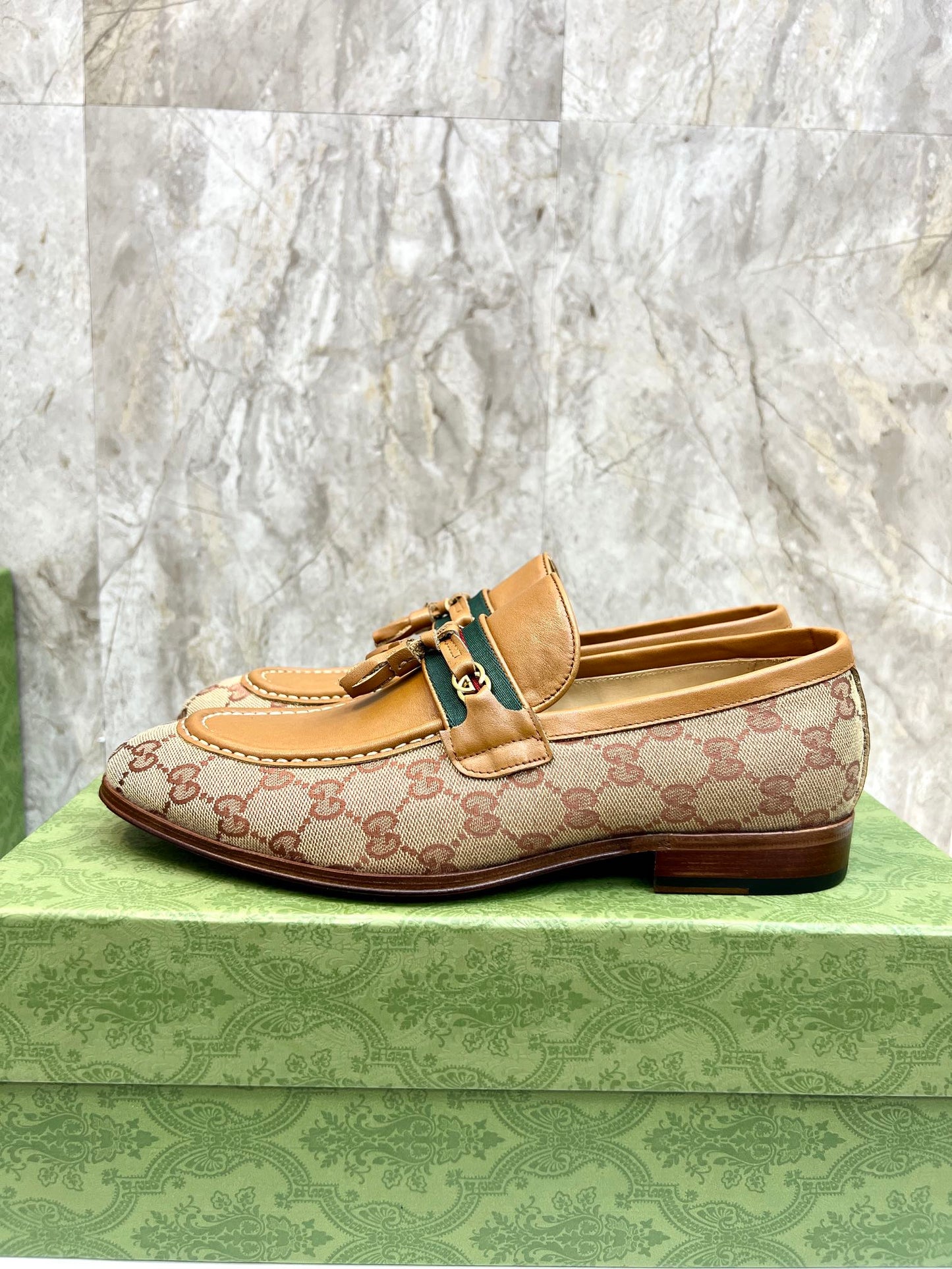GG Men's Tassel Loafer Light Brown Cowhide Canvas 548743