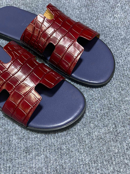 HM IZMIR CROCODILE MOTIF SANDAL INDIGO AND BRICK CALFSKIN