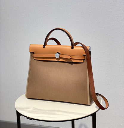 Herbag 31 Toile Brown Canvas Gold Cowhide Leather