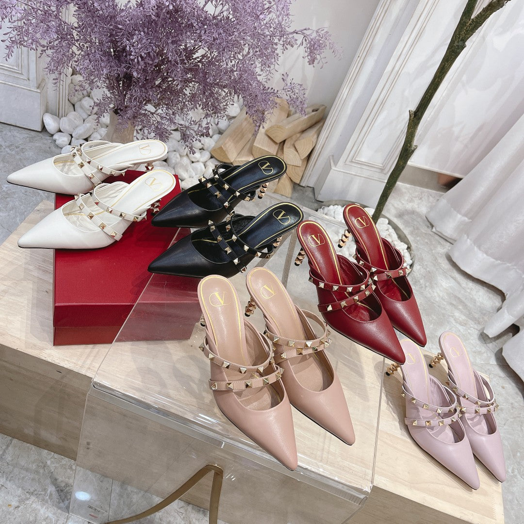 Valentino Rockstud Tower Heel Mules Sheepskin 239526