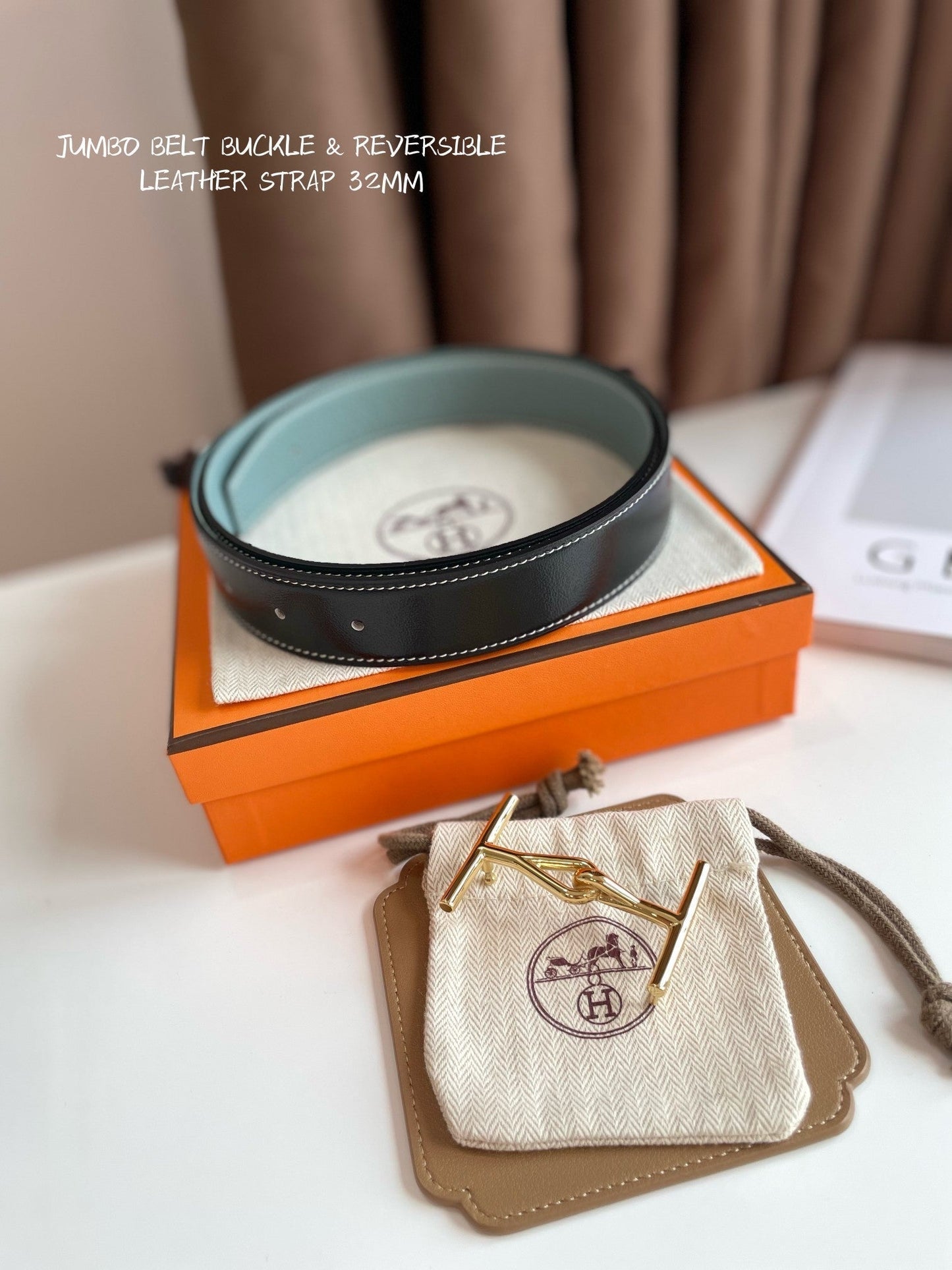 JUMBO BELT GOLD BUCKLE & REVERSIBLE ASH GREEN AND BLACK LEATHER STRAP 32MM