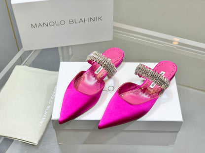 Manolo Flats Mules Diamond Buckle Dark Pink Silk Satin 327481