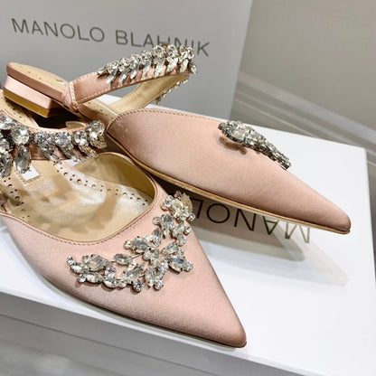 Manolo Flats Mules Crystal Pink Nude Silk Satin 327468