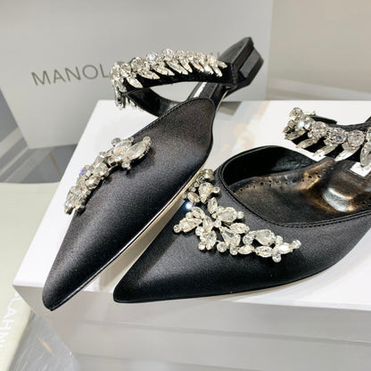 Manolo Flats Mules Crystal Black Silk Satin 327467