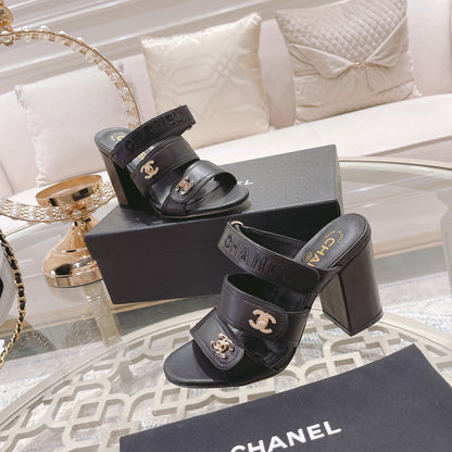CC 25C Three Strap Sandal Mule High Heel Black Sheepskin 213348