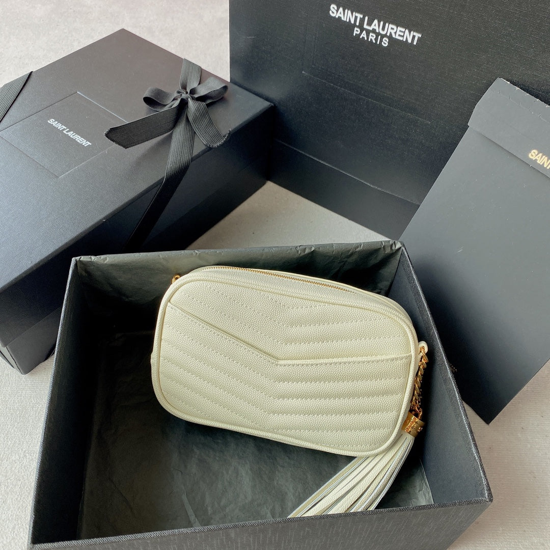 LOU MINI CAMERA BAG 19 IN WHITE CAVIAR PATTERN CALFSKIN GOLD HARDWARE