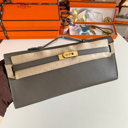 HM Kelly Cut 31 Fossil Gray Epsom Leather Gold Hardware 229052