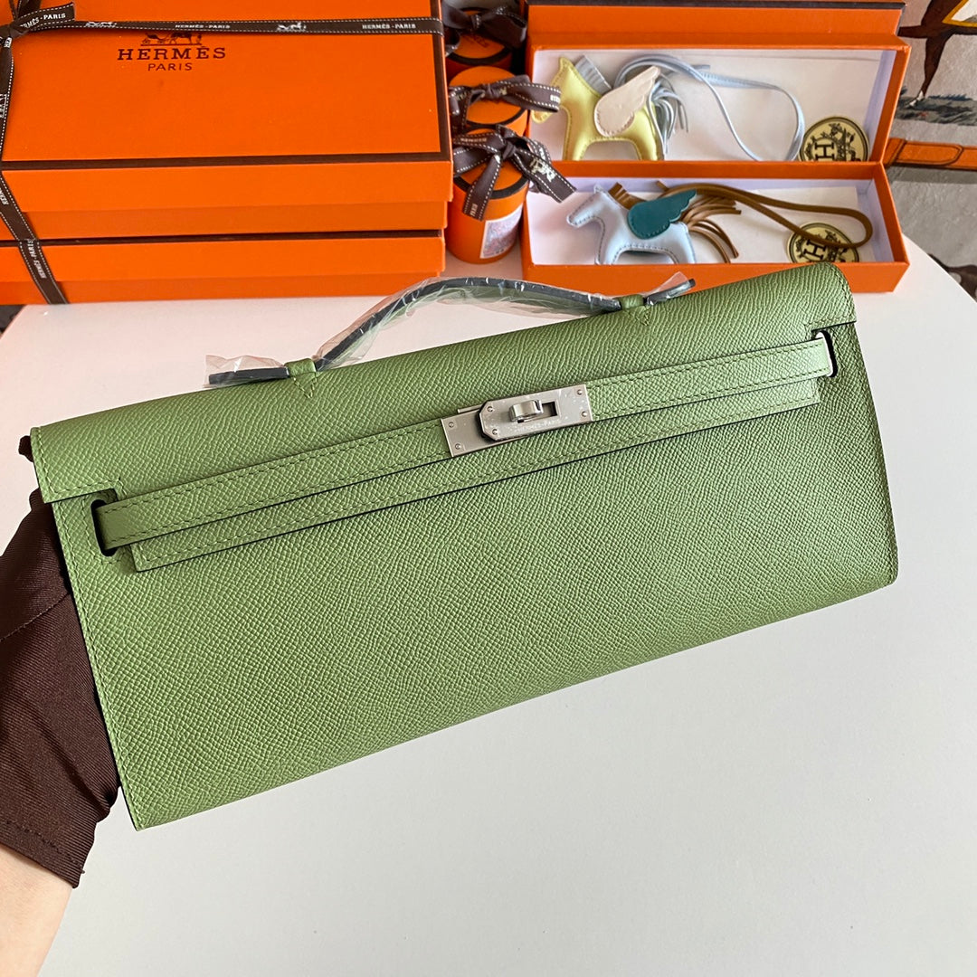 HM Kelly Cut 31 Olive Green Epsom Leather Silver Hardware 229044