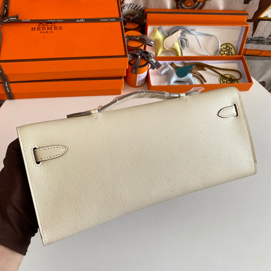 HM Kelly Cut 31 Ivory Epsom Leather Silver Hardware 229046