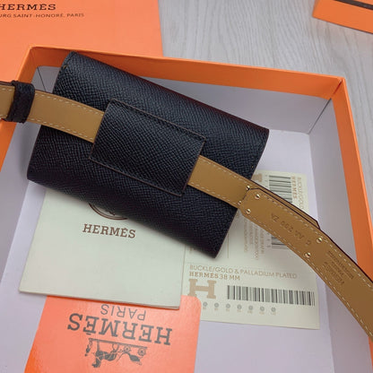 hm kelly belt 18mm with pocket black calfskin silver buckle
