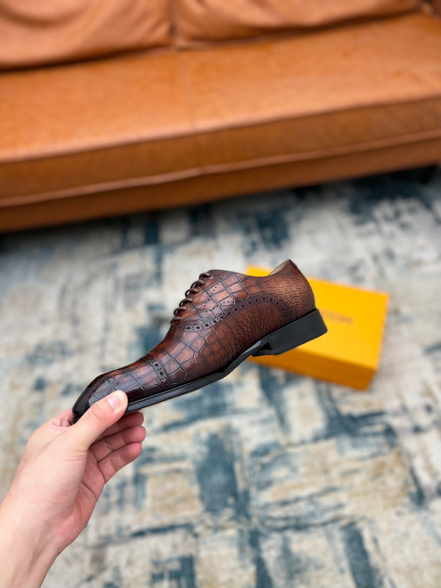 LV LACE-UP SHOES IN BROWN CROCODILE CALFSKIN