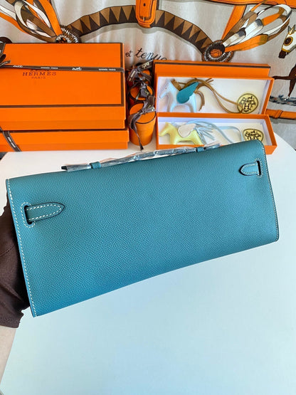 HM Kelly Cut 31 Teal Blue Epsom Leather Silver Hardware 229063