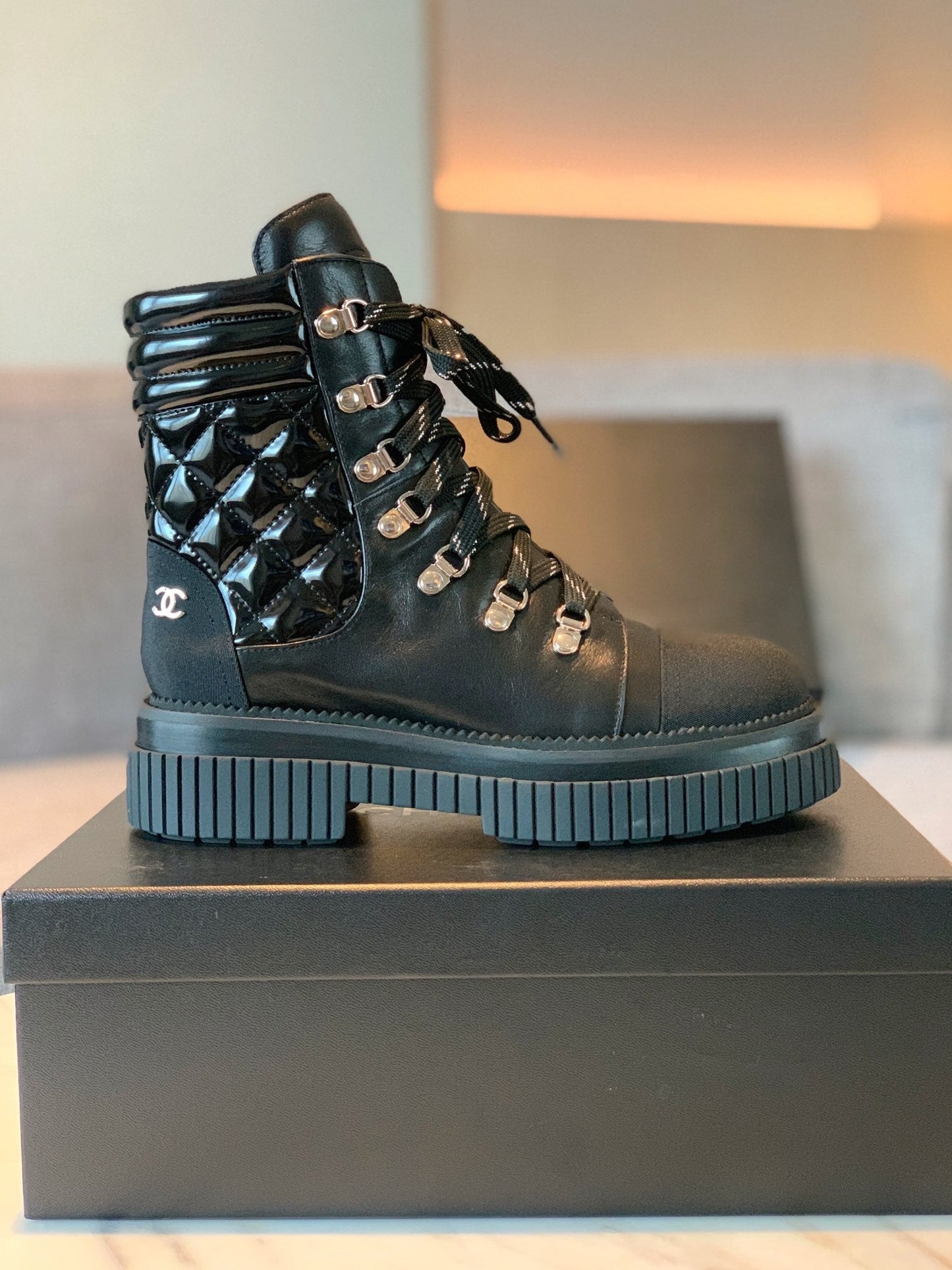 CC Combat Boots 50mm In Black Glossy Calfskin Quilted And Lycra Fabric 940073