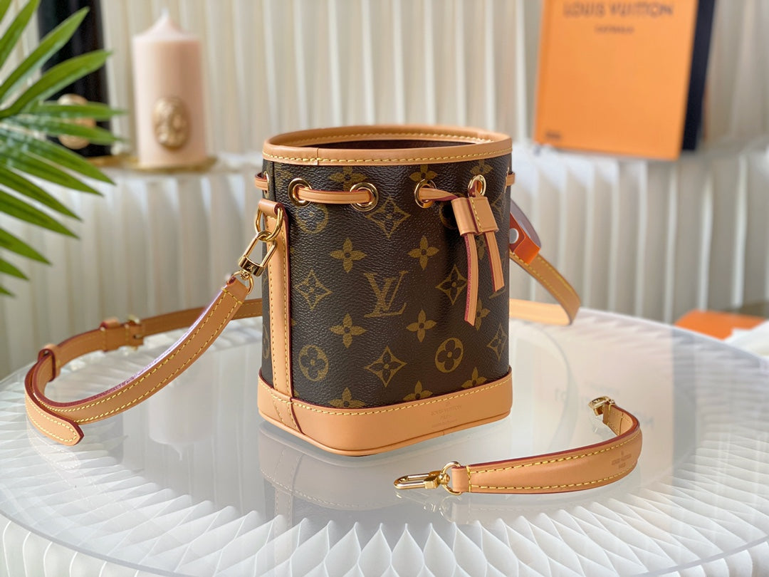 nano noe 13 brown monogram canvas beige calfskin gold hardware