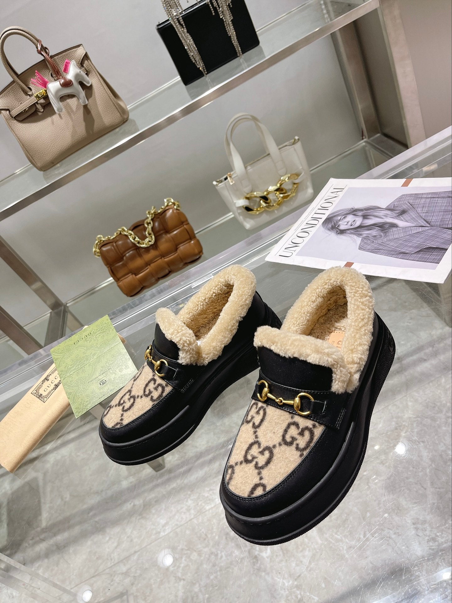 GG Snow Boots Black Beige Calfskin Suede Wool 576246