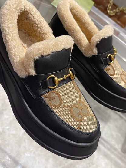 GG Snow Boots Black Calfskin Denim Wool 576248