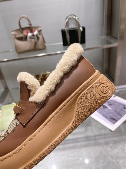 GG Snow Boots Brown Calfskin Denim Wool 576249